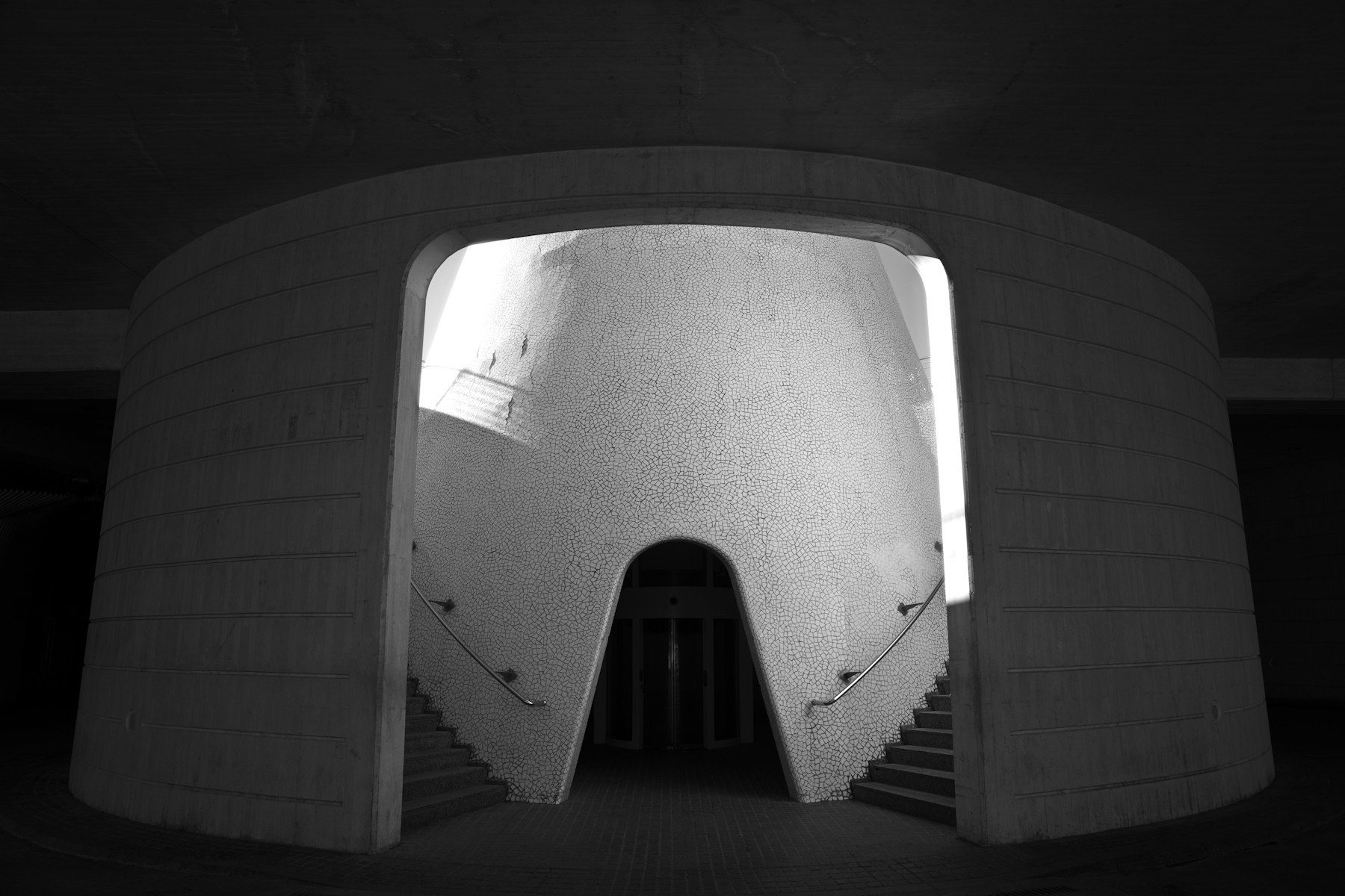 Sculptural concrete stairs and a curved entrance in natural light.
